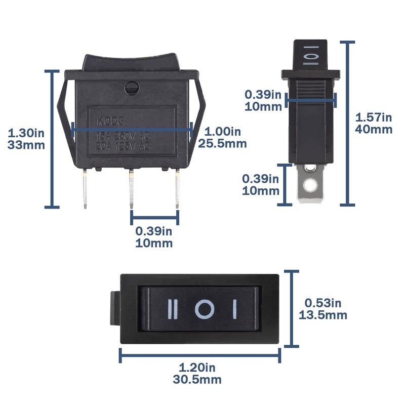 VEXUNGA 10pcs KCD3 Rocker Switch 3 Pin On Off On SPST Boat Rocker Switch 20A 125V 15A 250V AC 3 Position Mini Black Rectangle Toggle Switches for Car Marine - Image 2